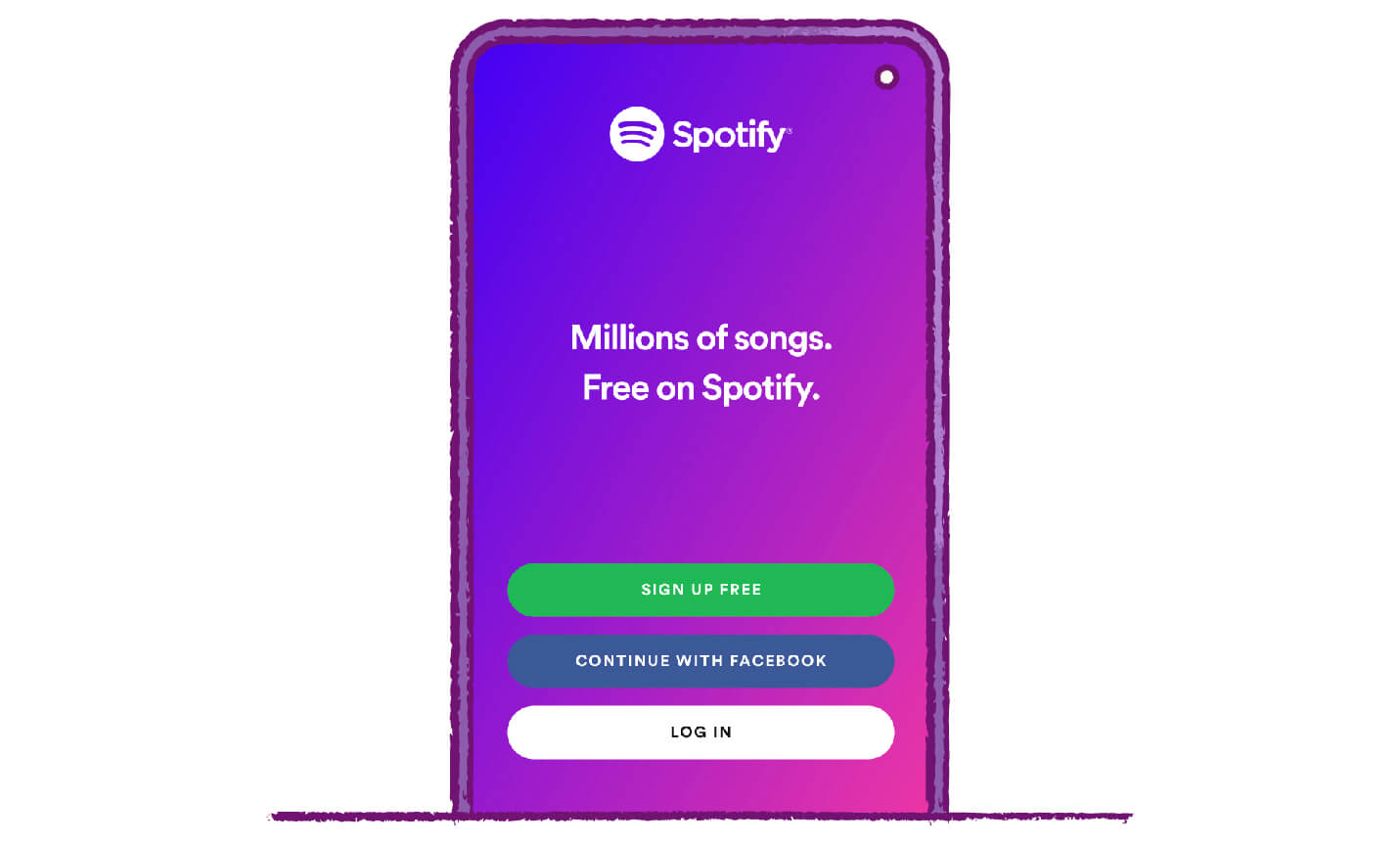 Spotify のモバイル ランディング ページ - 紫のグラデーションの背景に緑の「サインアップ」ボタン。