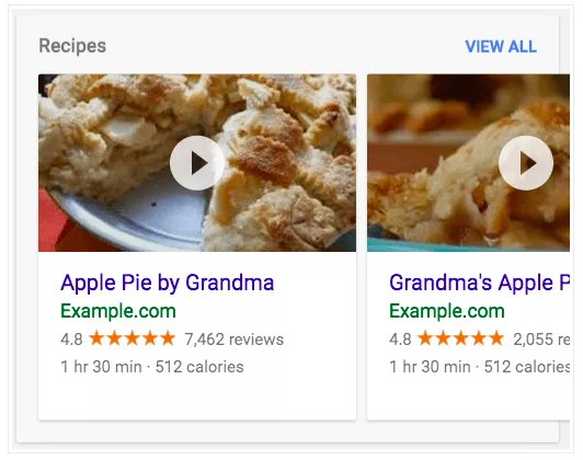 Página de recetas de Google que aparece en un resultado gráfico de búsqueda.