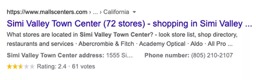 Página de resultados del motor de búsqueda de Google que muestra reseñas de estrellas para Simi Valley Town Center.