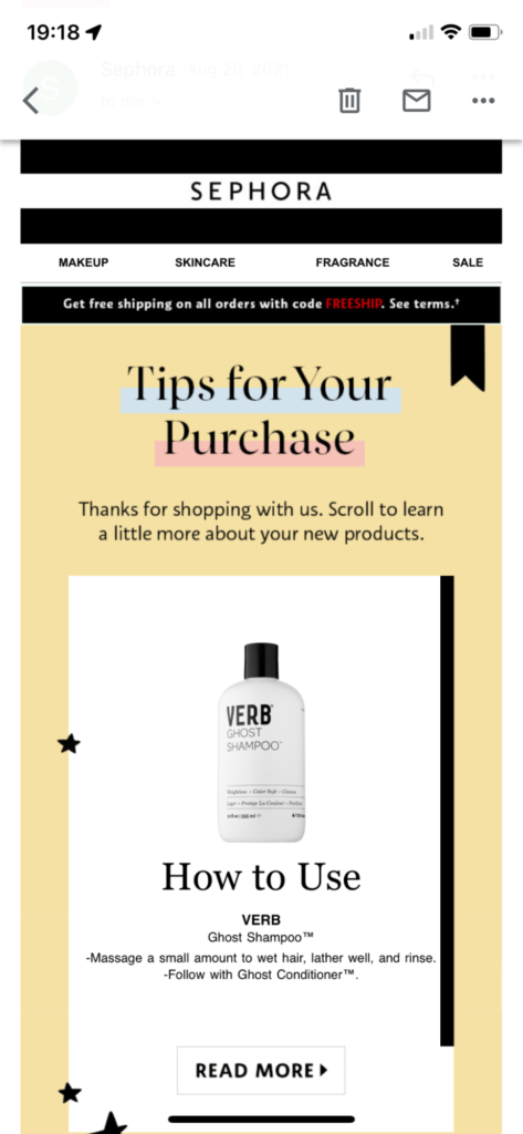 email bernilai tambah dari Sephora yang menunjukkan tip tentang cara menggunakan barang yang baru dibeli