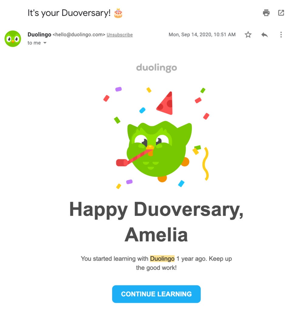 contoh email anniversary dari Duolingo