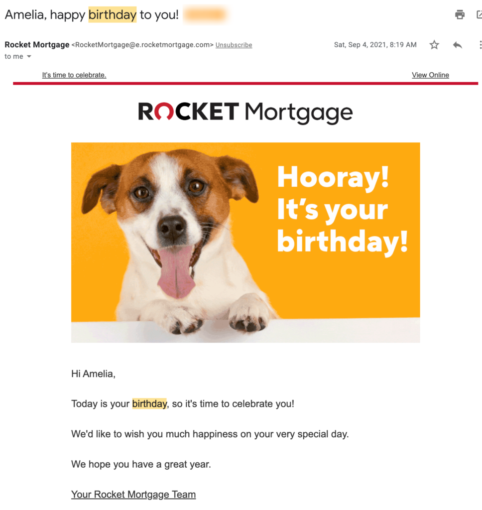 contoh email selamat ulang tahun dari Rocket Mortgage