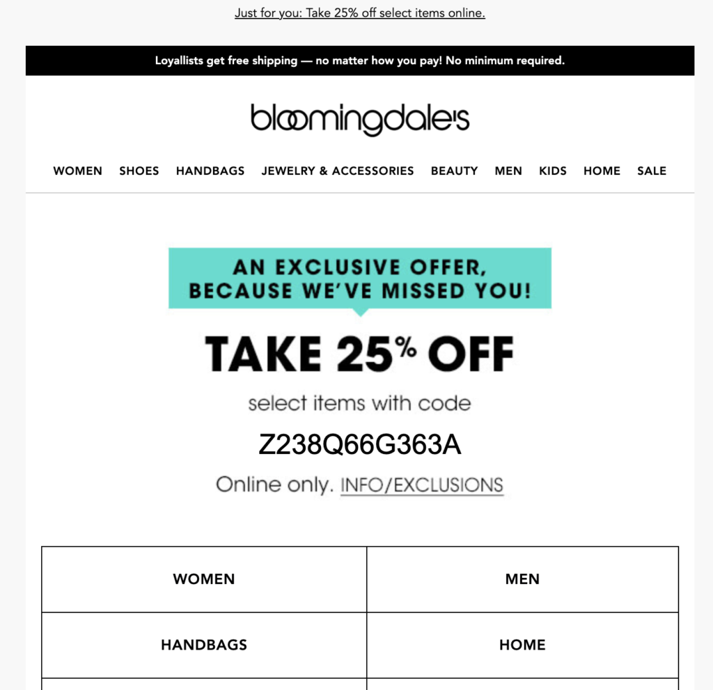 penawaran kupon freebie melalui email dari Bloomingdale's