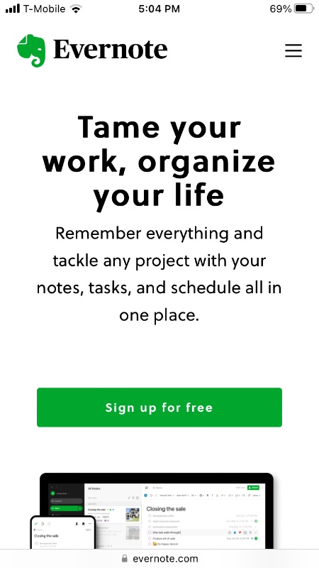 Screenshot des Evernote-Webdesigns für Mobilgeräte