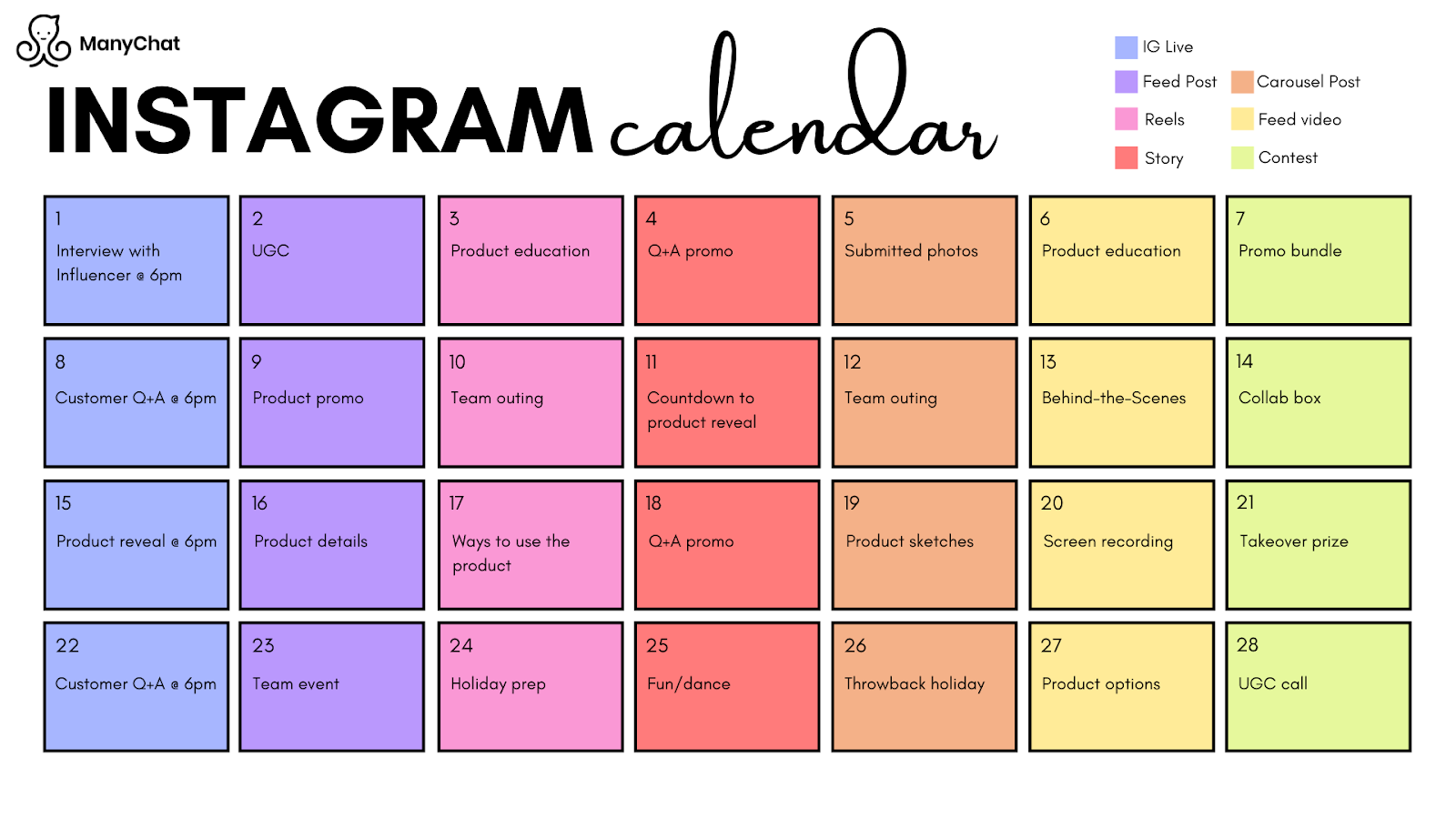 An example of a populated Instagram content calendar.Each day of the month is filled with a certain type of content, such as UGC, or behind-the-scenes.