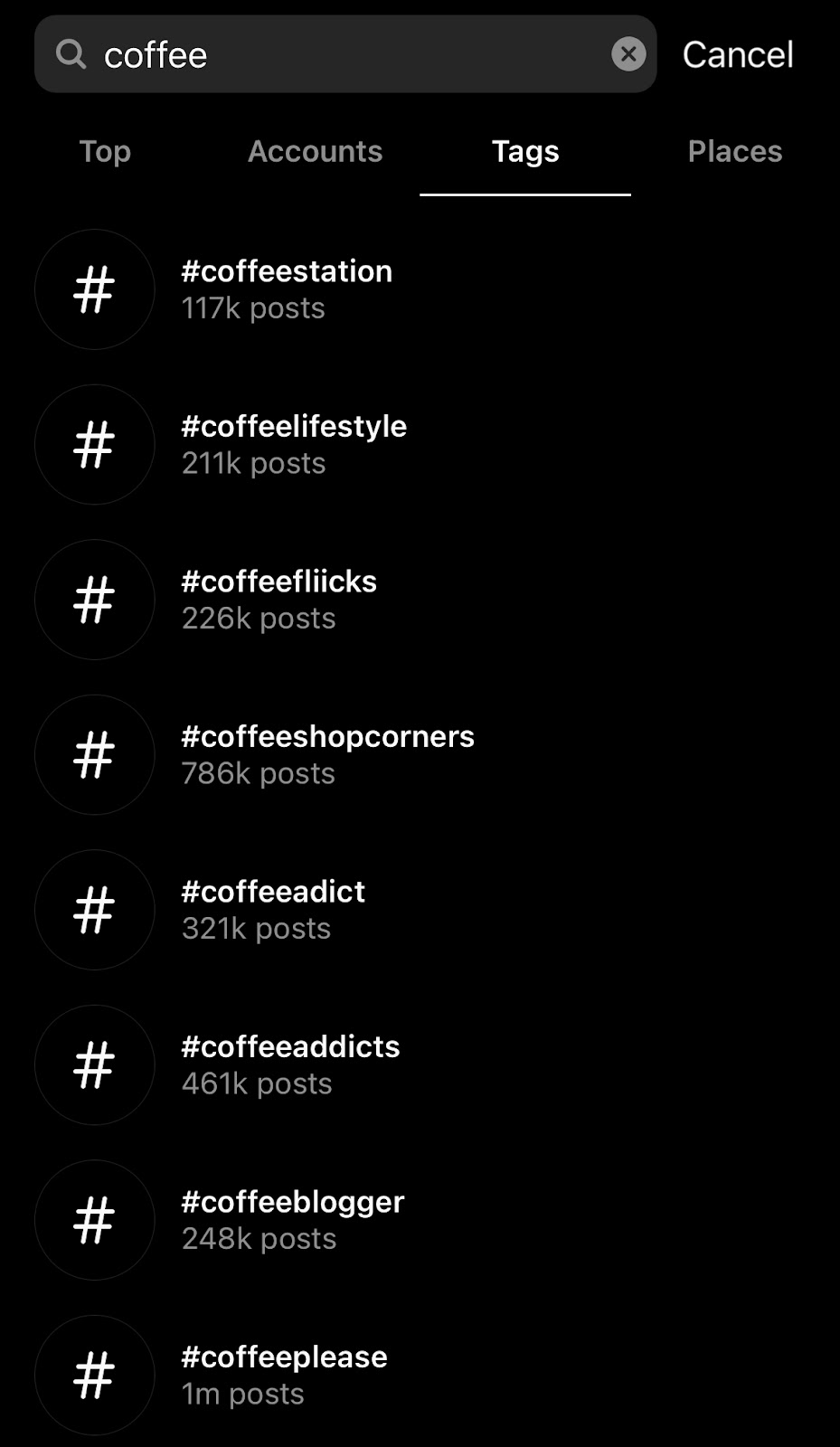 Hashtag search results on Instagram for the search term "coffee".