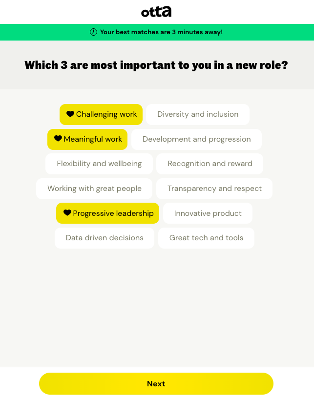 Which 3 are most important to you in a new role? Challenging work, meaningful work and progressive leadership are selected.