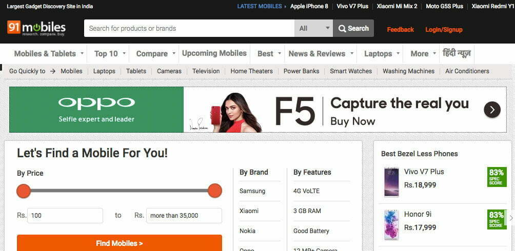91mobiles najlepsze strony porównujące ceny w Indiach