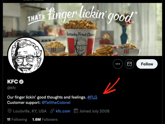 Perfil de Twitter de KFC con hashtag de marca