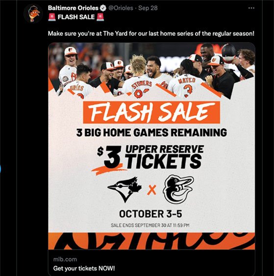 Ejemplo de venta flash de Twitter de los Baltimore Orioles