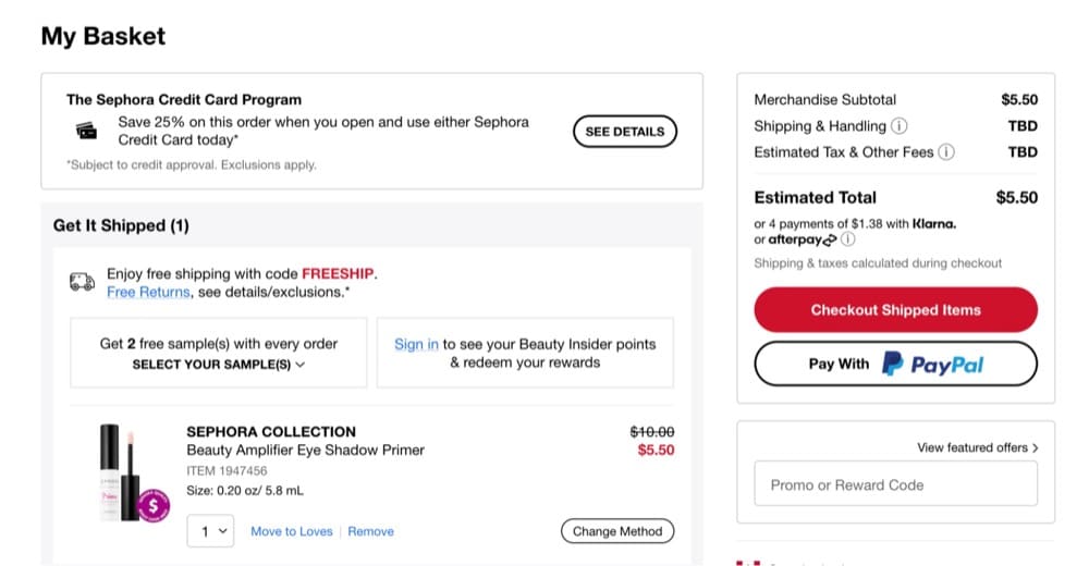 Página de carrito de prueba Shopify A/B muestra de precio final de idea de prueba Sephora.com