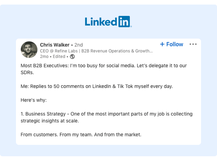 amplifikasi media sosial dengan Chris Walker - LinkedIn Contoh Posting untuk terlibat dan mendiskusikan pentingnya advokasi karyawan