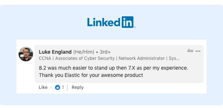 Contoh Posting LinkedIn - pelanggan bernama Luke berbicara tentang produk Elastis