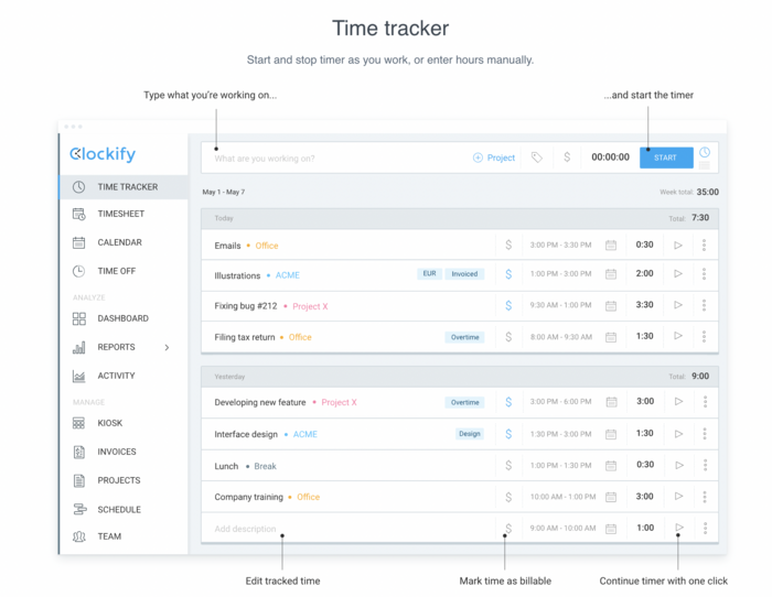 Tracker del tempo di Clockify