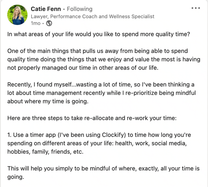 Post su LinkedIn di Catie Fenn