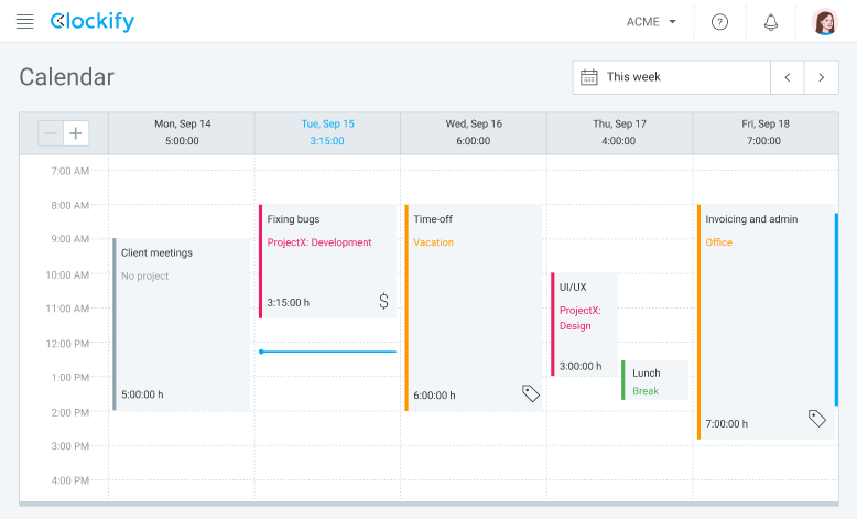 Visualizzazione calendario di Clockify