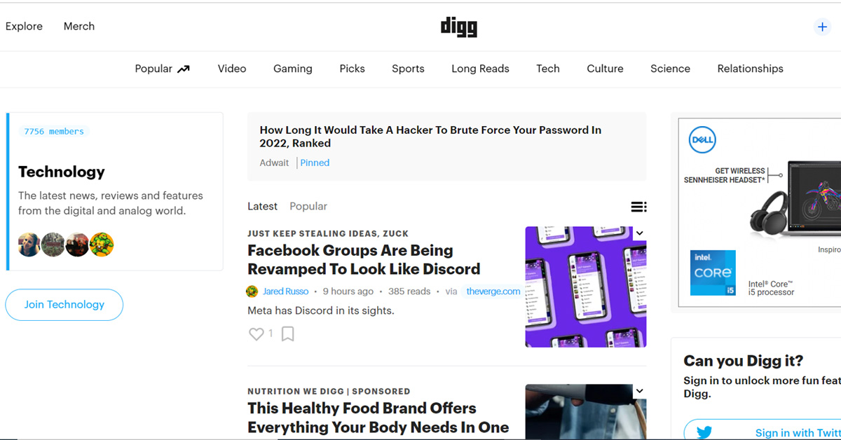 2022 年の Digg.com のホームページ。ユーザーのフィードに最新の記事が表示されます。