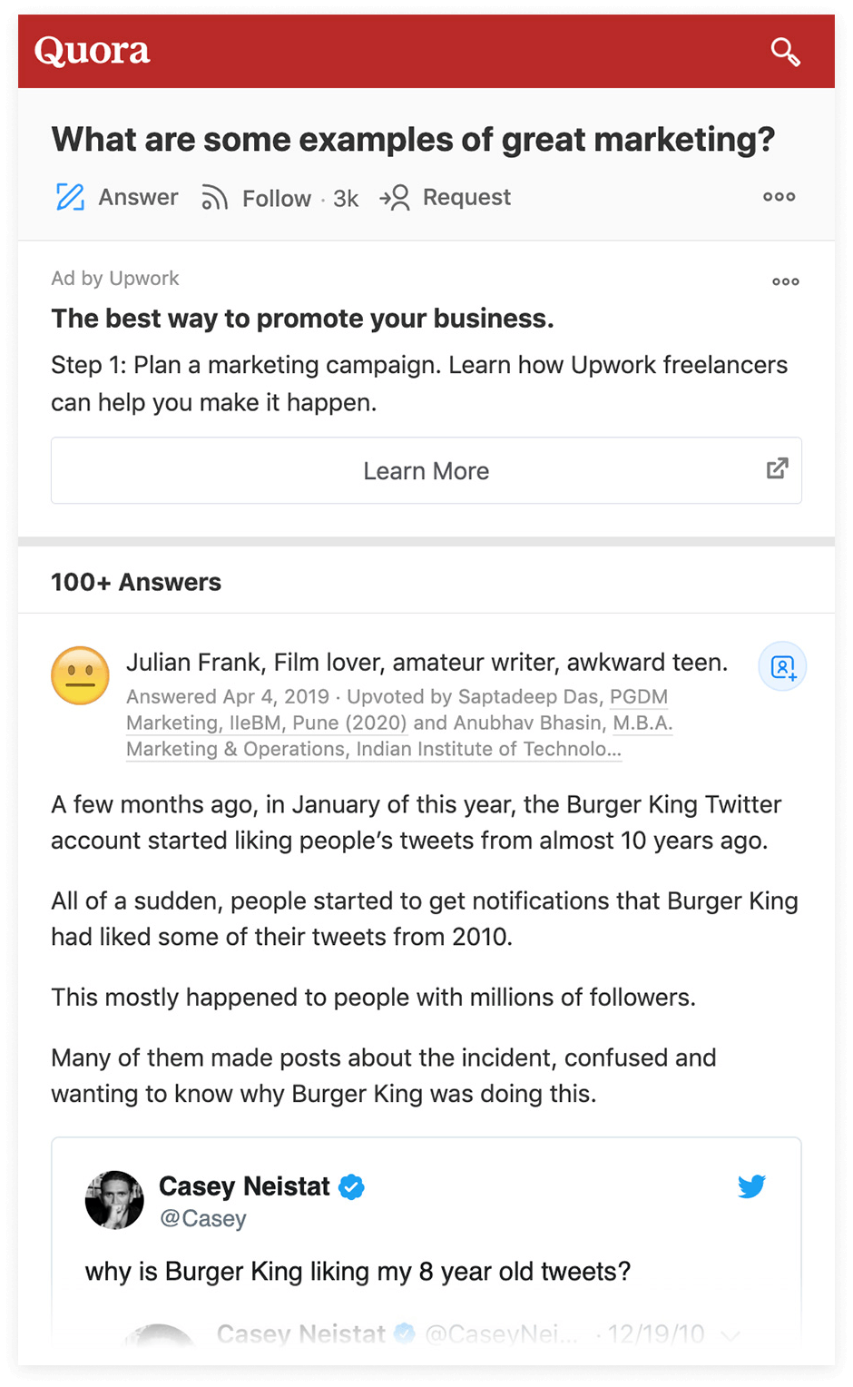 A question on Quara titled "What are some examples of great marketing?"