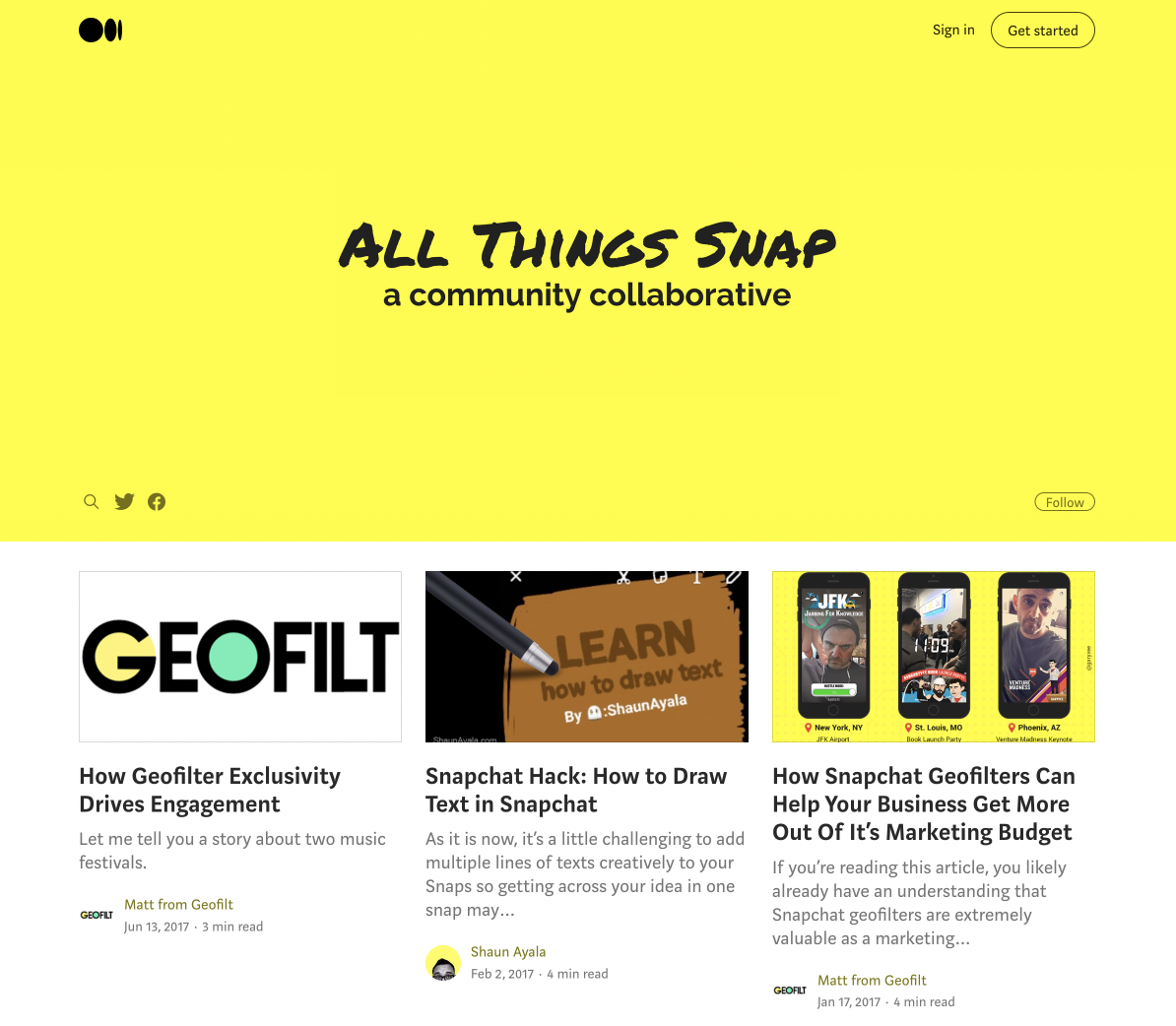 The landing page of the All Things Snap publication on Medium. A bright yellow background fills the top half of the page, with articles listed below.