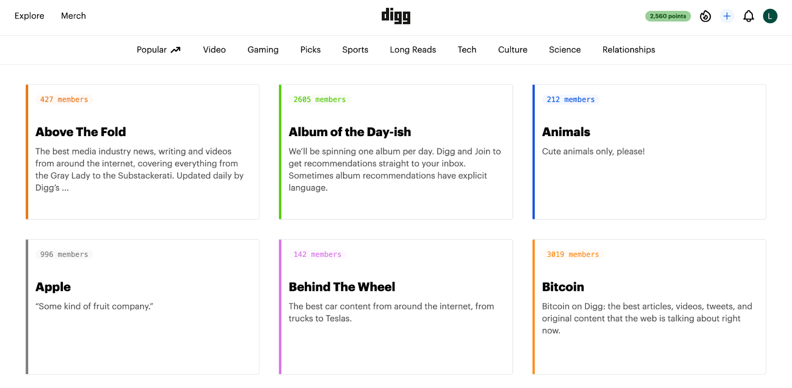 The Digg namespace landing page, listing categories such as Animals, and Bitcoin