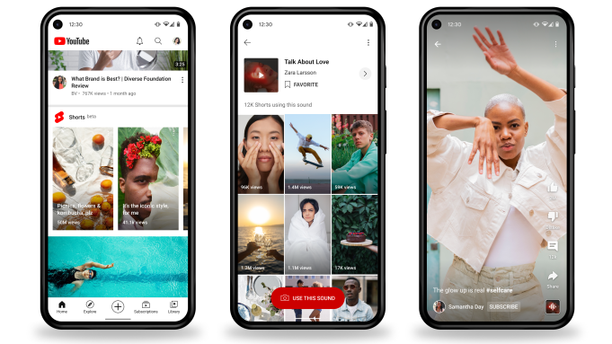 三款智能手机展示了 YouTube Shorts 在主页上的外观、如何使用视频中的声音以及视频的显示方式