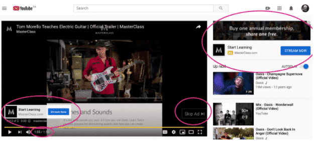 How YouTube ads appear on a video. Red lines outline the call-to-action, "Skip Ad" button and the banner ad.