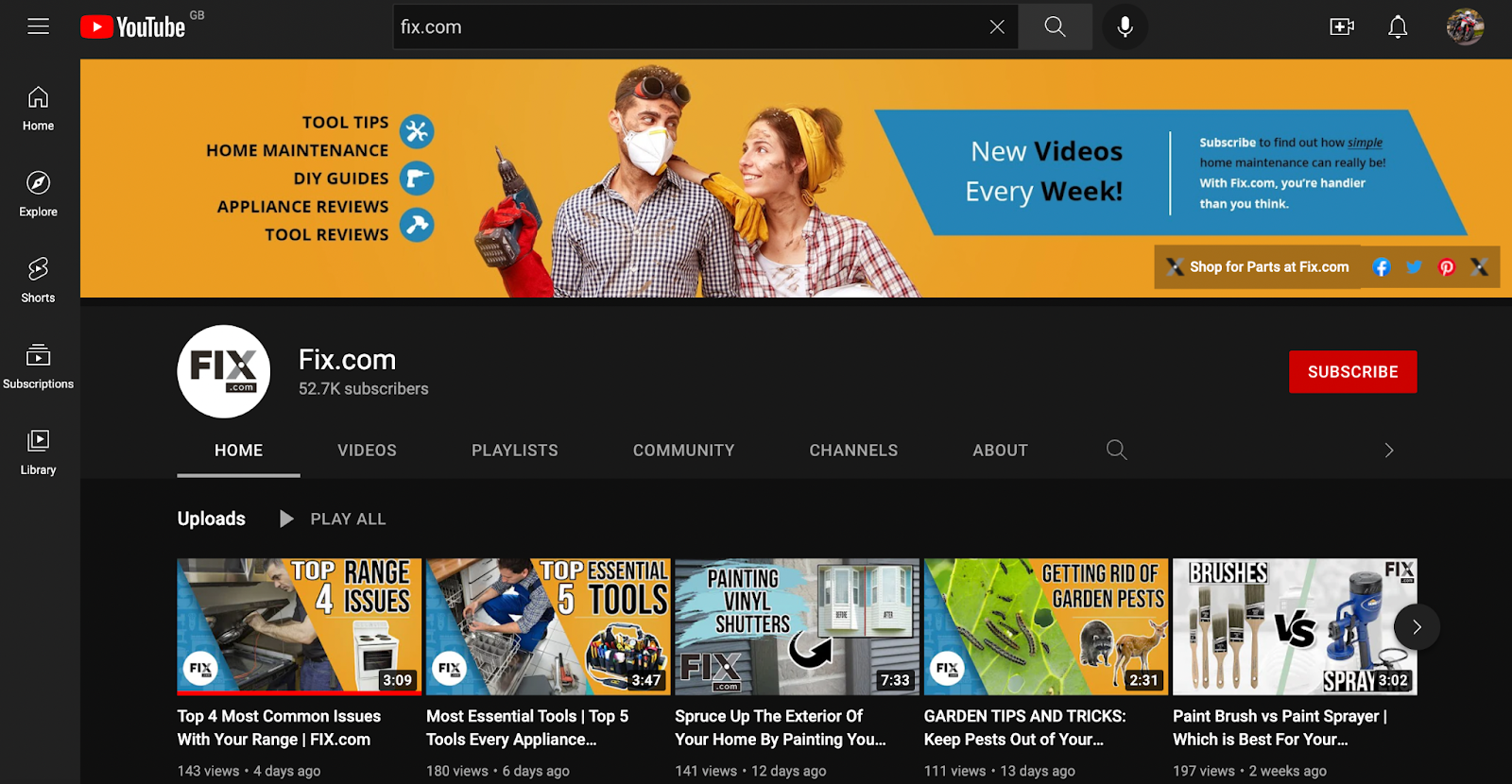 Fix.com's YouTube homepage, showing a man and woman with DIY gear, above their latest video uploads.