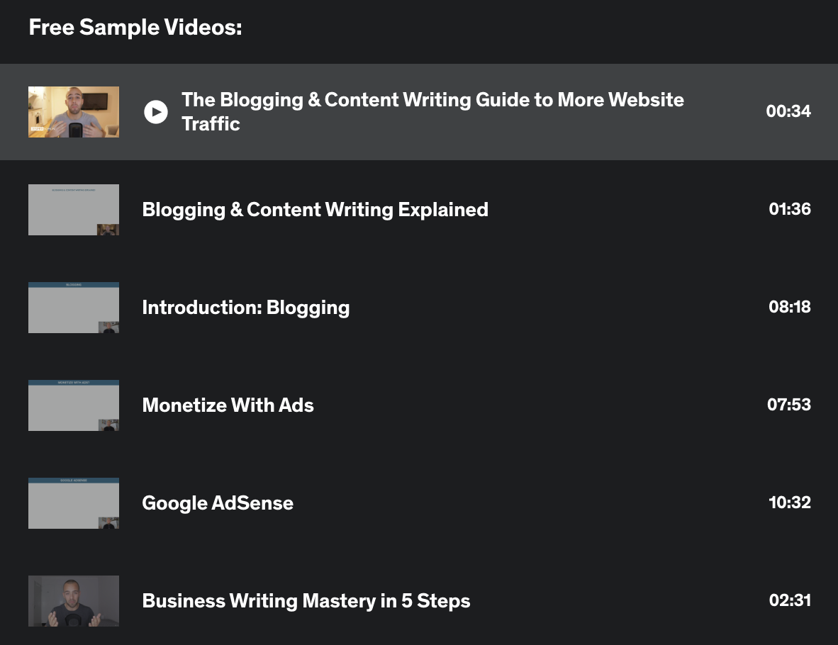 I video di esempio del corso includono: spiegazione di blog e scrittura di contenuti, monetizzazione con annunci e Google AdSense.