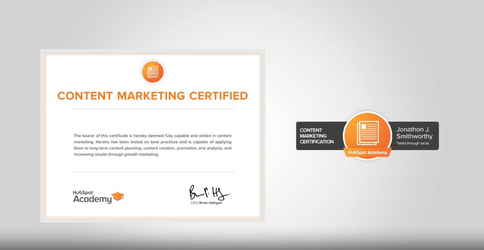 HubSpot 아카데미 샘플 인증서.