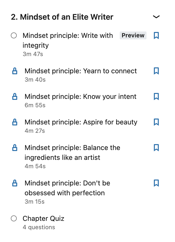 Le deuxième module "état d'esprit d'un écrivain d'élite" se décompose en 6 vidéos avec un quiz de 4 questions à la fin.