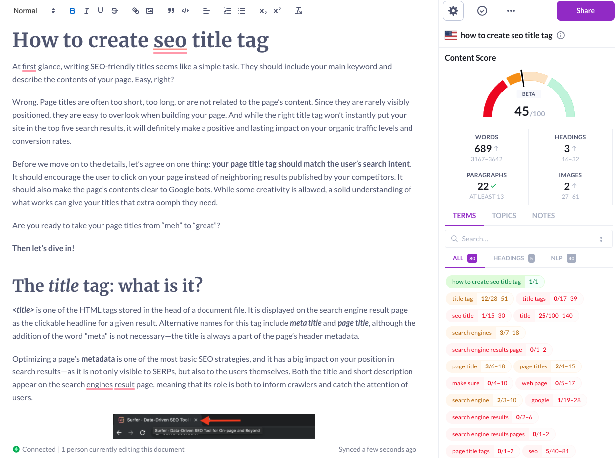 Surfer SEO has a similar layout to Clearscope, but with significantly more color. 