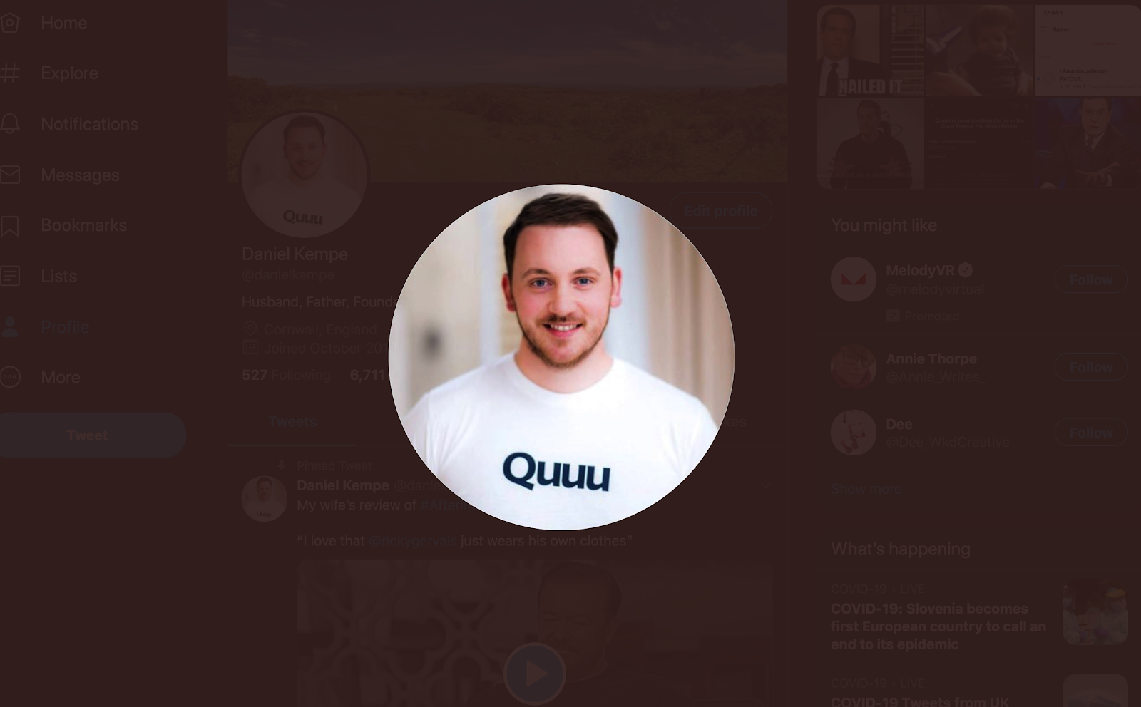 Quuu の Twitter プロフィール画像の CEO である Daniel Kempe 氏。