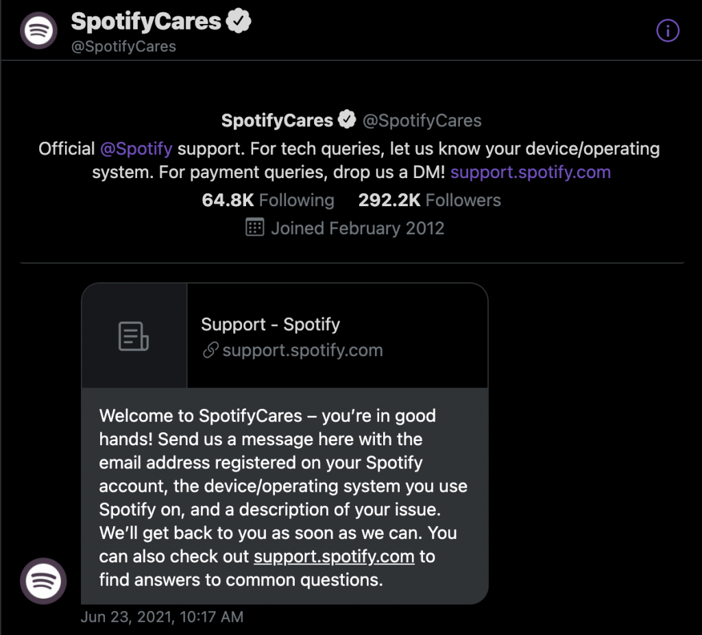 DM でメッセージを送信すると、Spotify の自動ウェルカム メッセージが表示されます。