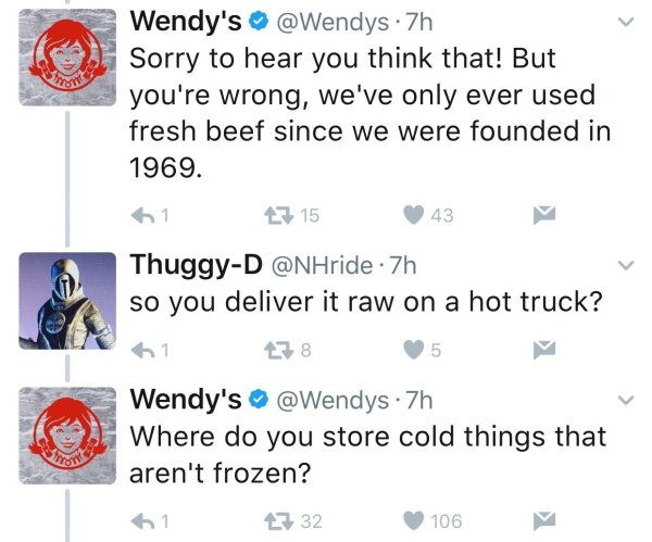 Wendys Tweet-Gespräch mit einem anderen Benutzer, in dem es heißt: „Sie müssen sie nicht mit hineinziehen, nur weil Sie vergessen haben, dass es dort für eine Sekunde Kühlschränke gibt.“