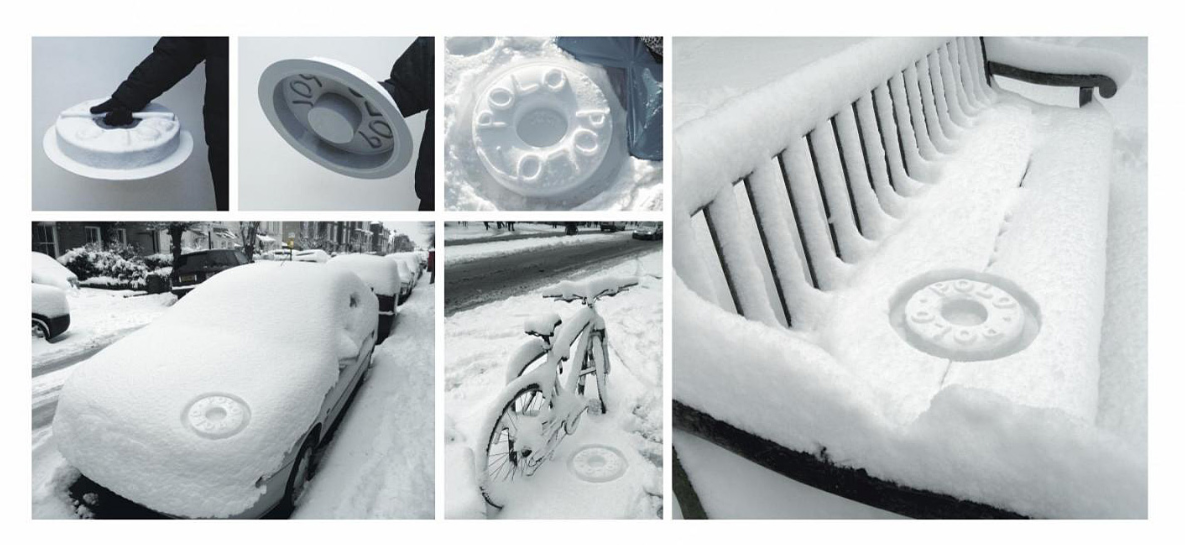 Campaña de marketing de polos que utilizó una tapa impresa para dejar polos en la nieve.