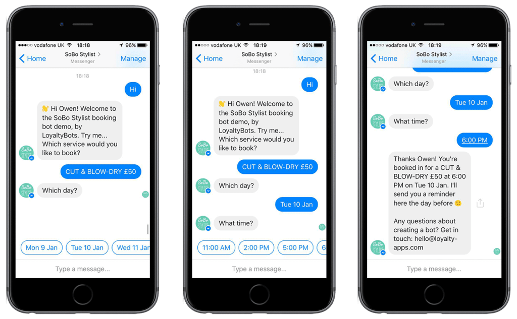 Un ejemplo de inteligencia artificial en los negocios. Un chatbot puede reservar una cita de peluquería para un cliente a través de Facebook Messenger.