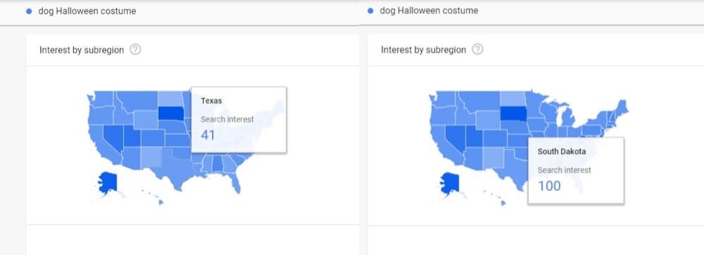 Informes de tendencias de Google para "disfraz de Halloween para perros"