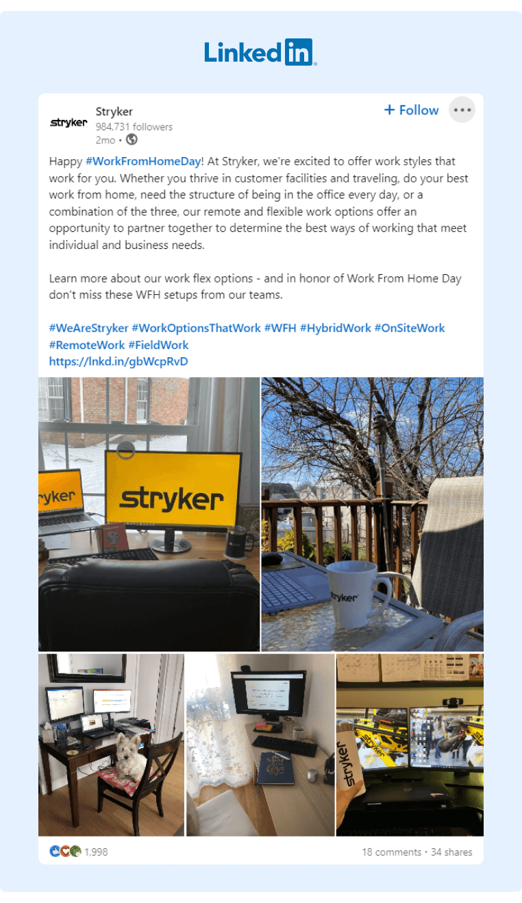 Stryker 公司发布关于在家工作及其对员工的好处的帖子