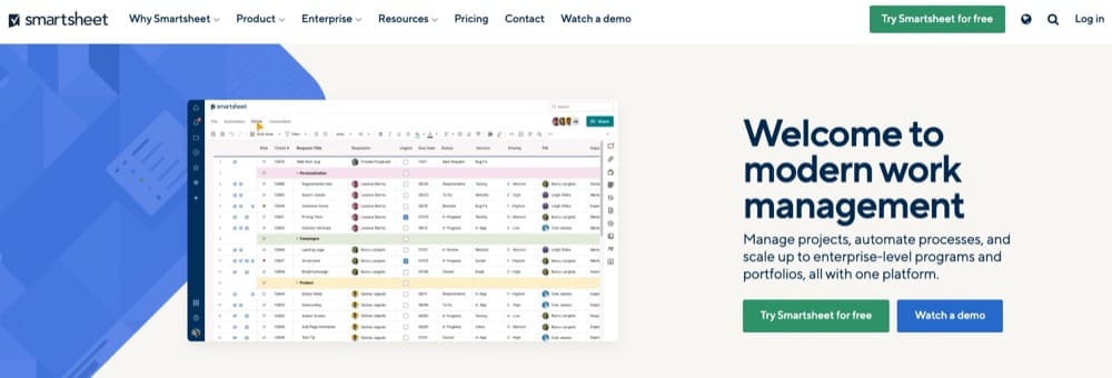 مثال على ورقة Smarsheet لأداة إدارة المشروع