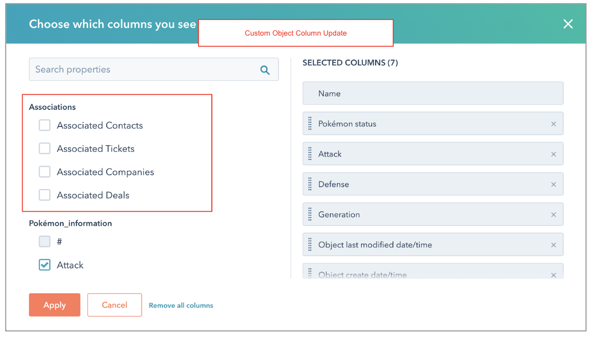 Columnas asociadas para objetos personalizados