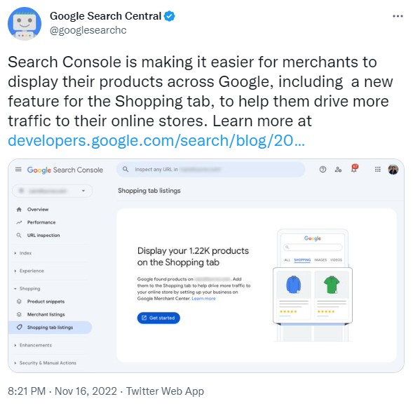 Screenshot des Tweets der Google-Suchzentrale über neue Shopping-Tab-Einträge