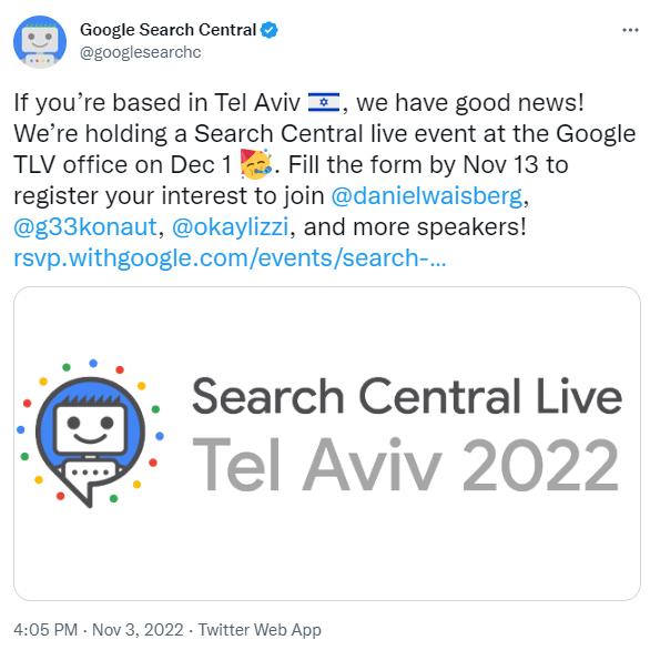 Screenshot des Tweets von Google Search Central über Search Central Live in Tel Aviv