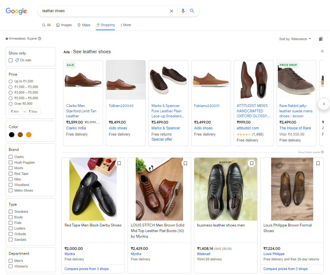 Screenshot des Shopping-Tabs der Google-Suchergebnisse für Lederschuhe