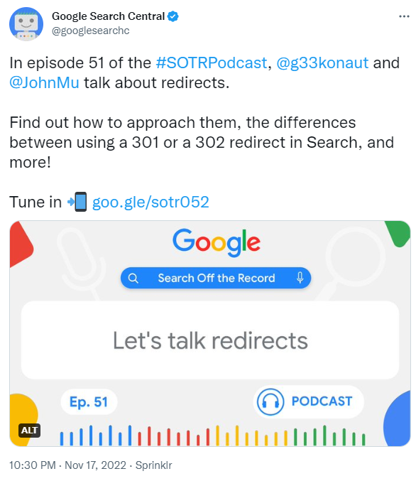 Screenshot des Tweets der Google Search Central über SOTRPodcast on Redirects