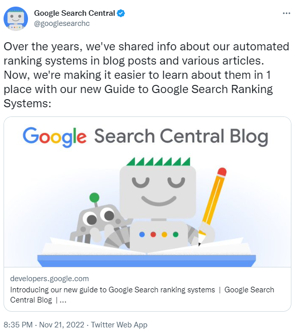 Screenshot des Tweets der Google Search Central über den neuen Ranking Guide