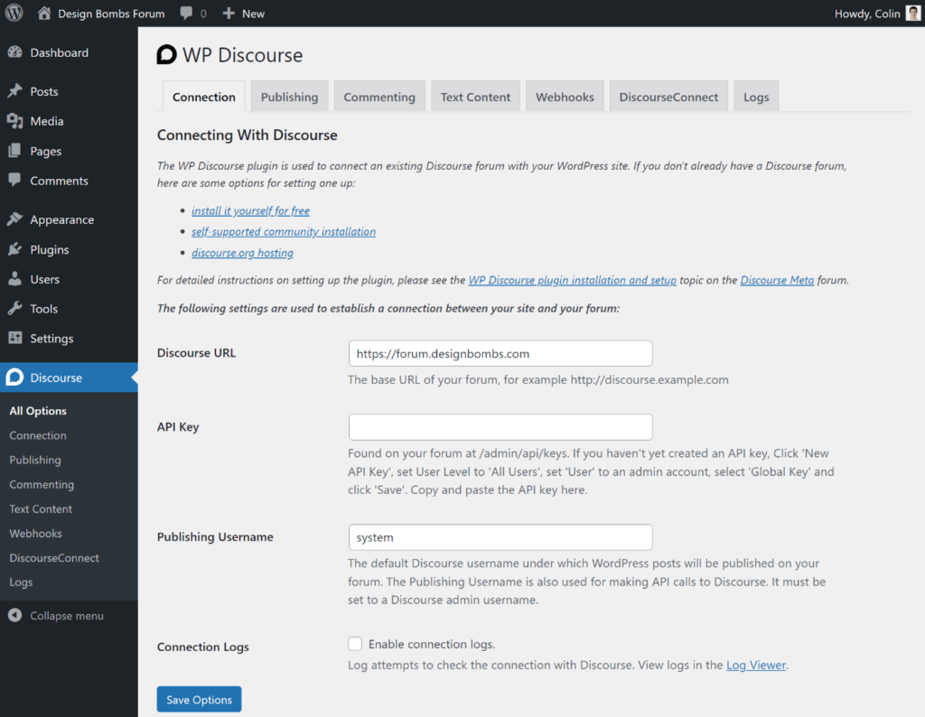 Impostazioni del plug-in del forum di Discourse WordPress