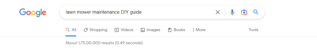 Captura de tela do número de resultados de pesquisa para o guia DIY de manutenção de cortadores de grama no Google.