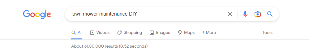 Captura de tela do número de resultados de pesquisa para manutenção de cortadores de grama DIY no Google.