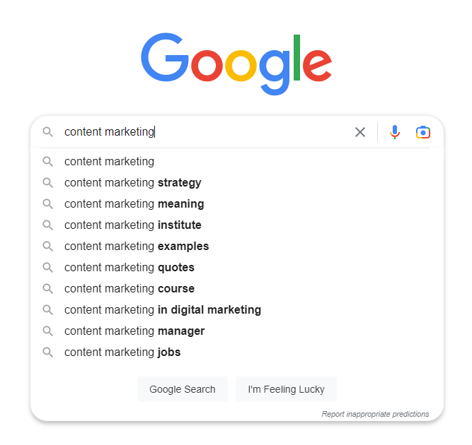 Captura de tela das sugestões de pesquisa do Google de marketing de conteúdo