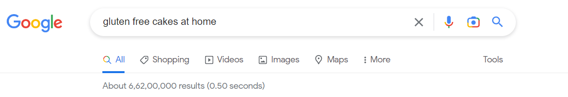 Captura de tela do número de resultados de pesquisa de bolos sem glúten em casa no Google.